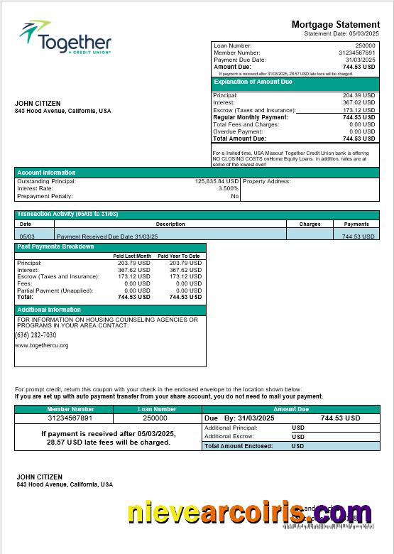 USA Missouri Together Credit Union bank  mortgage statement